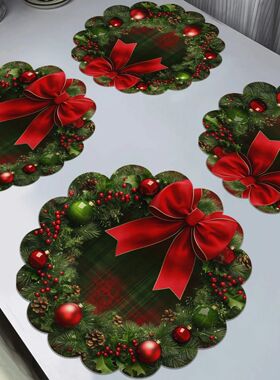 Round Christmas Placemat Cartoon Santa Claus Wreath Snowflak