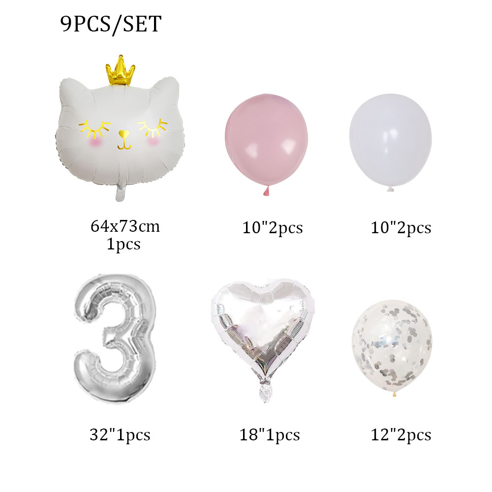 9Pcs White Crown Cat Helium Balloons Set Cartoon Animal Glob - 图2