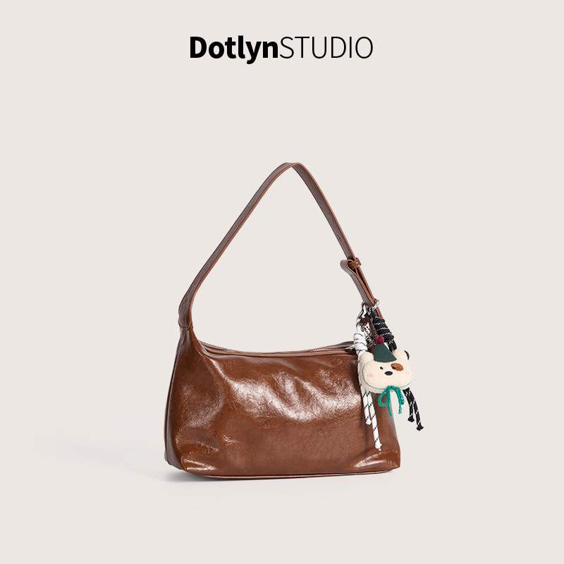 Dotlyn2025新款韩版小众设计质感油蜡皮手提包简约百搭单肩腋下包,淘宝优惠券,粉丝福利购,淘宝优惠卷