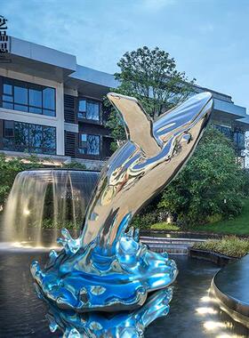 玻璃钢鲸鱼浪花雕塑不锈钢定制创意水景酒店门厅海洋动物摆件装饰