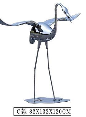 户外不锈钢镜面仙鹤雕塑售楼部园林公园景观艺术装饰落地水池摆件