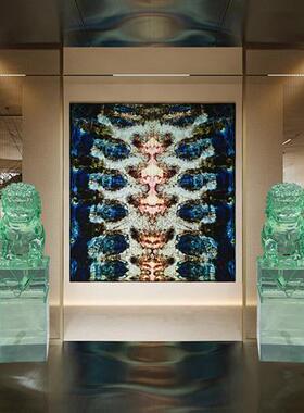 新中式落地透明树脂招财狮子摆件门口玄关书房别墅拴马柱动物雕塑