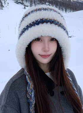冬天保暖毛绒帽女骑车加厚防风针织帽甜美可爱大头围护耳风雪帽