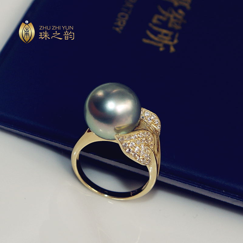 稀有银灰大溪地天然海水珍珠戒指 金叶子奶奶灰蓝绿光正圆无瑕 18k 稀有银灰大溪地天然海水珍珠戒指 金叶子奶奶灰蓝绿光正圆无瑕 18k