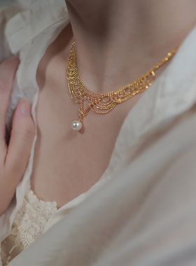 天然淡水珍珠蕾丝项链14k注金时尚轻奢复古宫廷风镂空流苏锁骨链