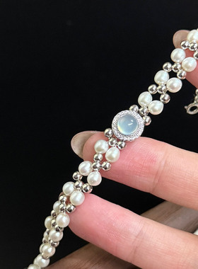 S925纯银海蓝宝编织手链女士时尚轻奢高级感天然淡水珍珠串珠手饰