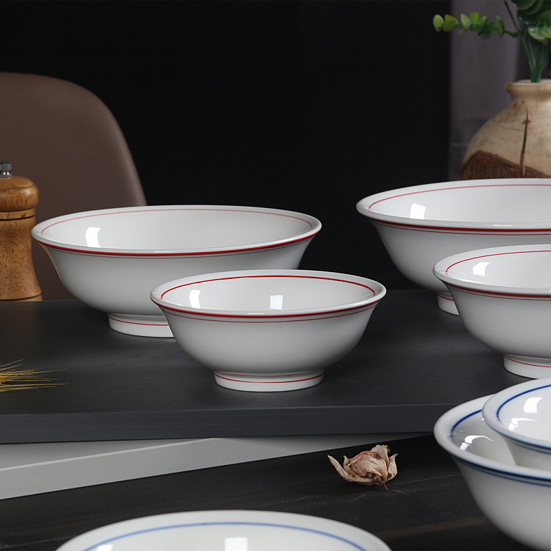 红蓝边碗双线汤碗高脚碗简约加厚防烫菜碗汤碗面条碗饭碗可加logo