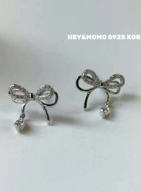 12.15直播韩国momo银饰双层飘带蝴蝶结钻钻耳钉项链925银