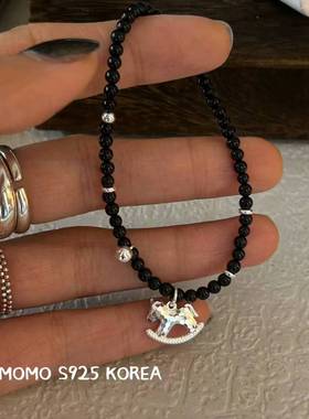 12.15直播韩国momo银饰小木马黑玛瑙串珠手链925银