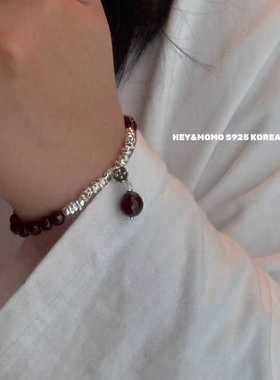 12.15直播韩国momo银饰石榴石吊坠碎银子串珠手链925银