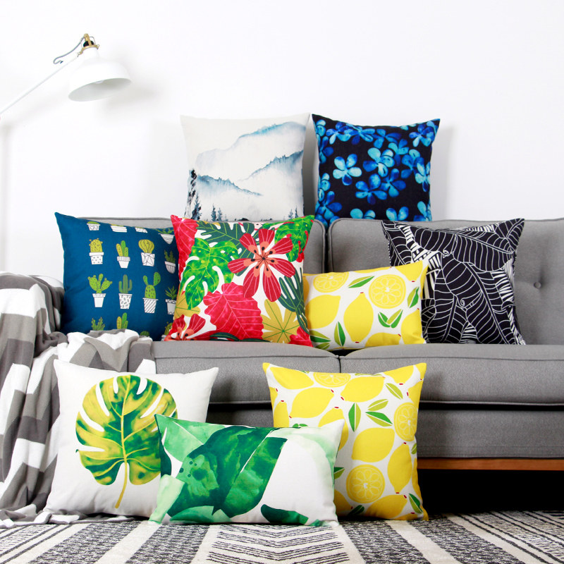 水彩色植物北欧居家美式棉麻抱枕套腰枕清凉汽车靠垫办公沙发靠枕,淘宝优惠券,粉丝福利购,淘宝优惠卷