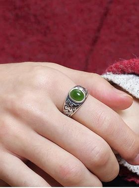 和田玉碧男士镀银指环复古
