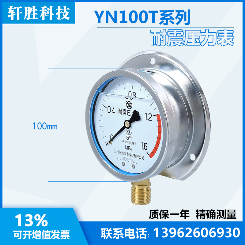 YN100T 1.6MPa 径向带后边 耐震压力表 抗震船用压力表  苏州轩胜