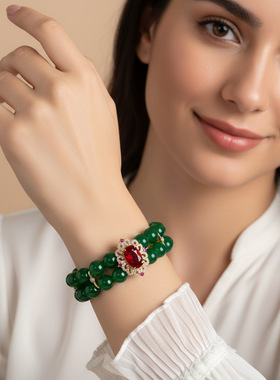 锆石手链方块绿玛瑙串珠女奢华