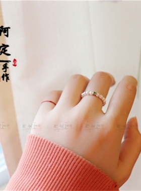 法式复古施家珍珠戒指女绿锆石