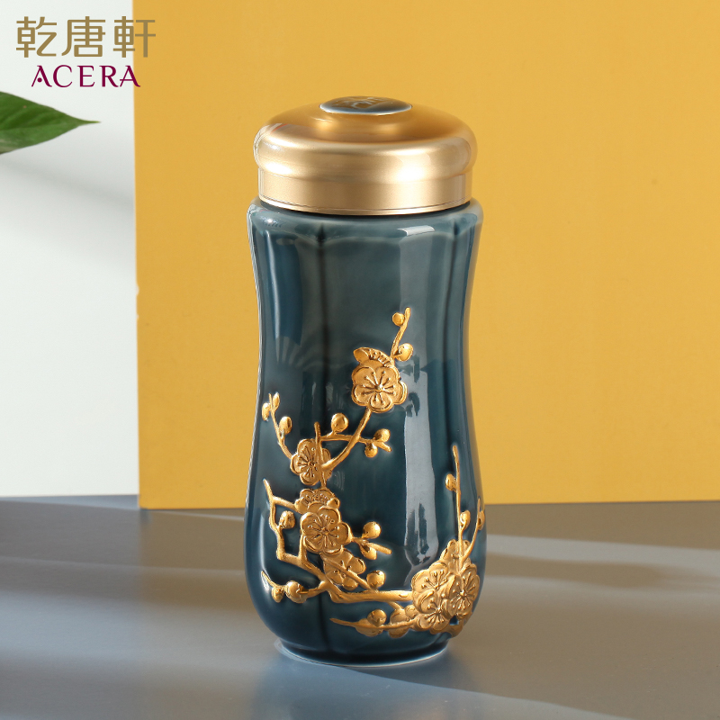 乾唐轩活瓷杯红梅报春双层随身杯蓝+金瓷杯创意茶杯有盖水杯-图0