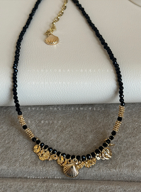 金色圆片贝壳流苏黑水晶串珠项链女甜酷个性夸张潮流颈链毛衣链