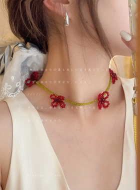 MONA同款手工红色花朵水晶串珠项链女轻奢高级百搭锁骨链项链