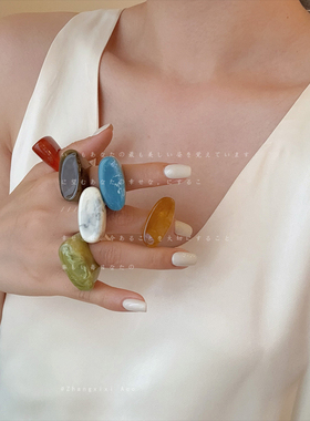 韩国几何不规则彩色树脂戒指女潮流ins夸张独特个性时尚指环戒子