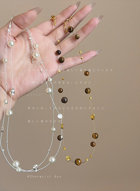 法式轻奢双层珍珠虎眼石项链女赫本风气质独特时尚潮流颈链锁骨链