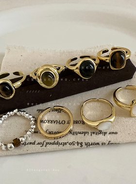 秋冬新款虎眼石贝母开口戒指合集女轻奢质感复古时尚百搭指环戒子