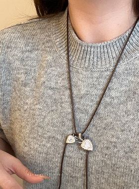 双心吊坠项链女高级感小众气质棕绳锆石爱心毛衣链长款可调节配饰