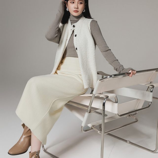Simple 100% wool double-sided woolen straight skirt