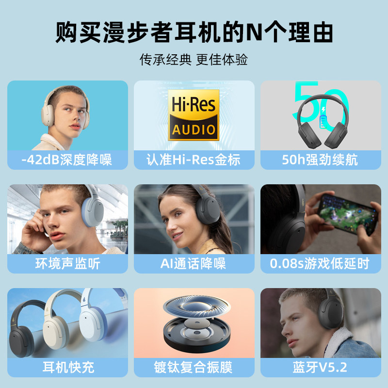 漫步者w820nb头戴式无线运动电竞带 漫步者蓝牙耳机