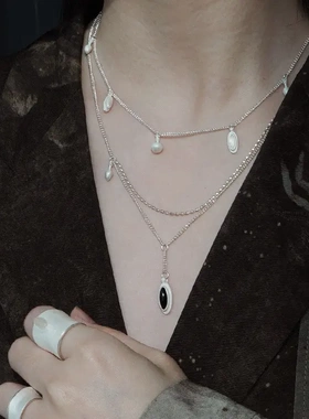 【爱记·臻系列】纯银星轨双层项链黑白玛瑙垂坠感锁骨链