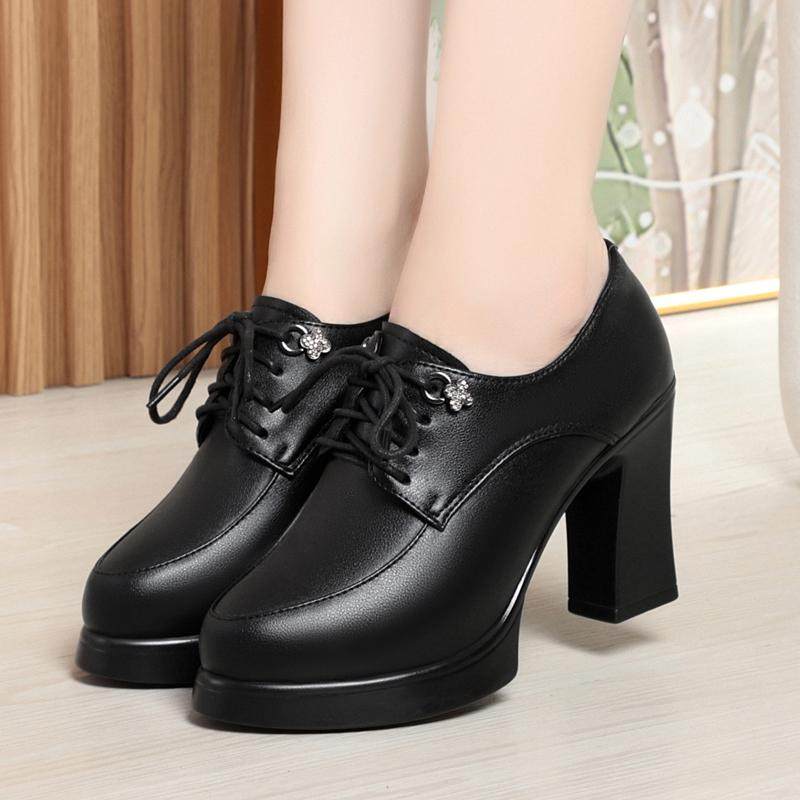 真皮粗跟防水台中年女士走秀高跟鞋深口单鞋女春秋系带皮鞋妈妈鞋,淘宝优惠券,粉丝福利购,淘宝优惠卷