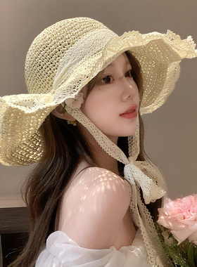 夏季防晒帽子女2025新款海边度假沙滩大檐草编渔夫遮太阳飘带草帽