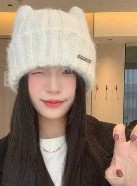 可爱猫耳朵帽子女冬2026款秋冬大头围显脸小羊毛混纺针织毛线冷帽