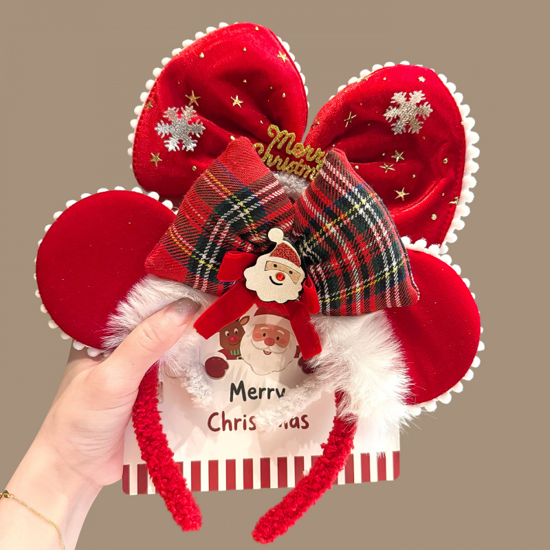 圣诞节蝴蝶结红色小熊耳朵毛绒发箍成人新年可爱卡通儿童装扮用品 - 图2