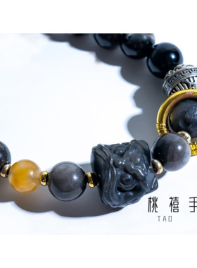 「桃禧」银曜醒狮招财手链天然银曜石六字真言手串情侣款七夕礼物