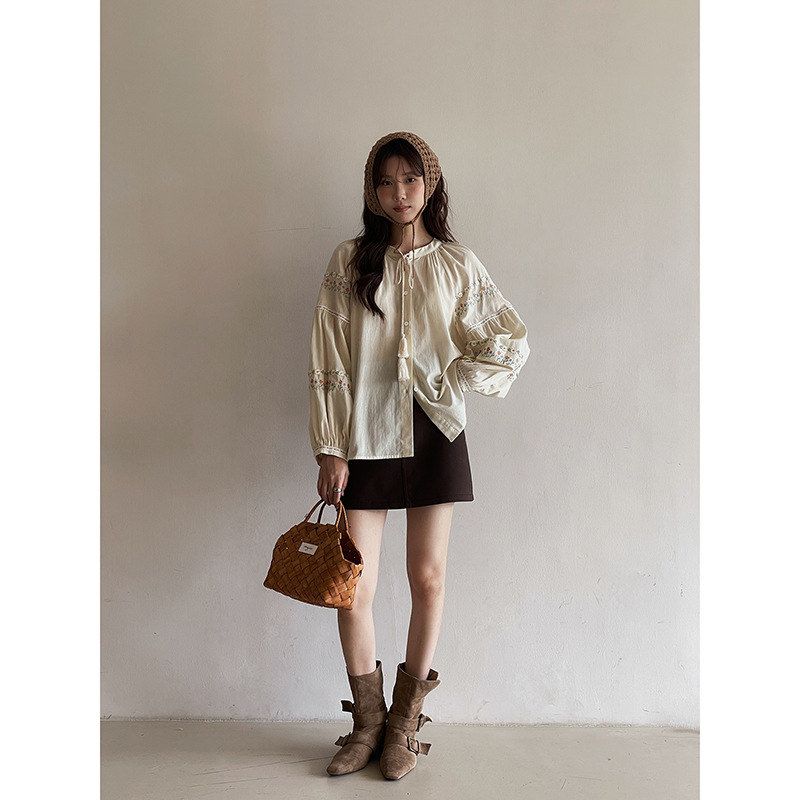 【繁花映袖】复古流苏系带衬衫女秋季新款刺绣长袖上衣T1968F - 图1