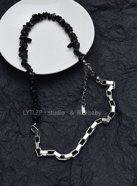 国潮拼接粗链黑石项链男女