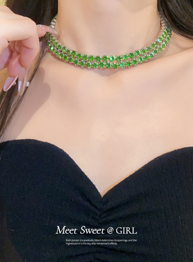 欧美宫廷风双层绿色水钻耳钉项链