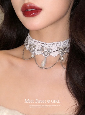 法式花边珍珠水滴颈链配饰女