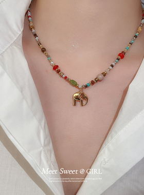 民族风彩色石小象项链