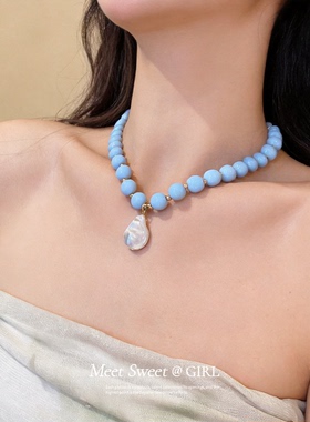 法式浅蓝亚克力串珠颈链choker