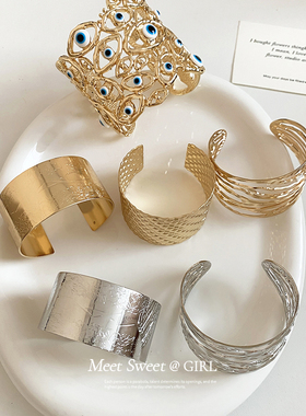 欧美金属褶皱印花开口手镯手环女