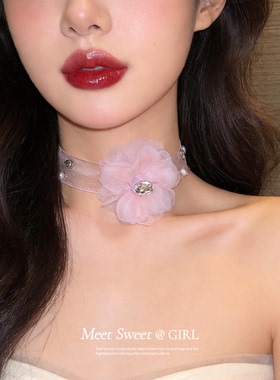 超仙粉色雪纺花朵颈带choker