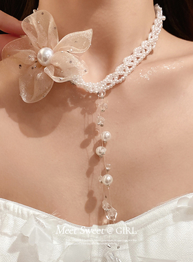 甜美珍珠雪纺花水滴项链锁骨链