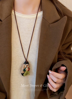 编织绳木质吊坠双层项链