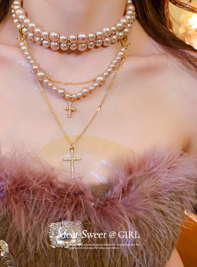 双层叠戴珍珠项链配饰女
