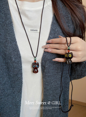 编织绳可爱木头罗小黑项链