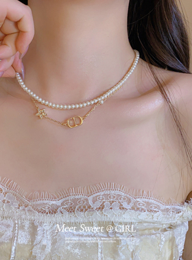双层珍珠字母星星项链