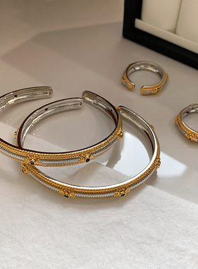 欧美祖母绿锆石古法拉丝手镯女轻奢小众精致高级手环重工复古手饰