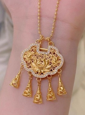 富贵吉祥同心锁流苏莲花金色吊坠古法点钻精美绝伦送女友送老婆