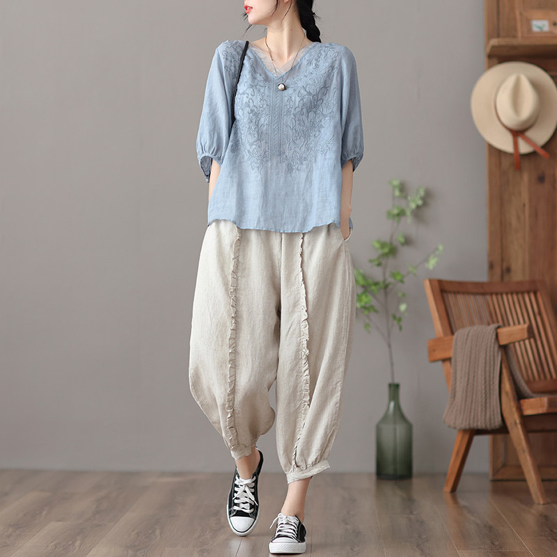 dza复古薄款苎麻短袖新款宽松衬衫 dza衬衫